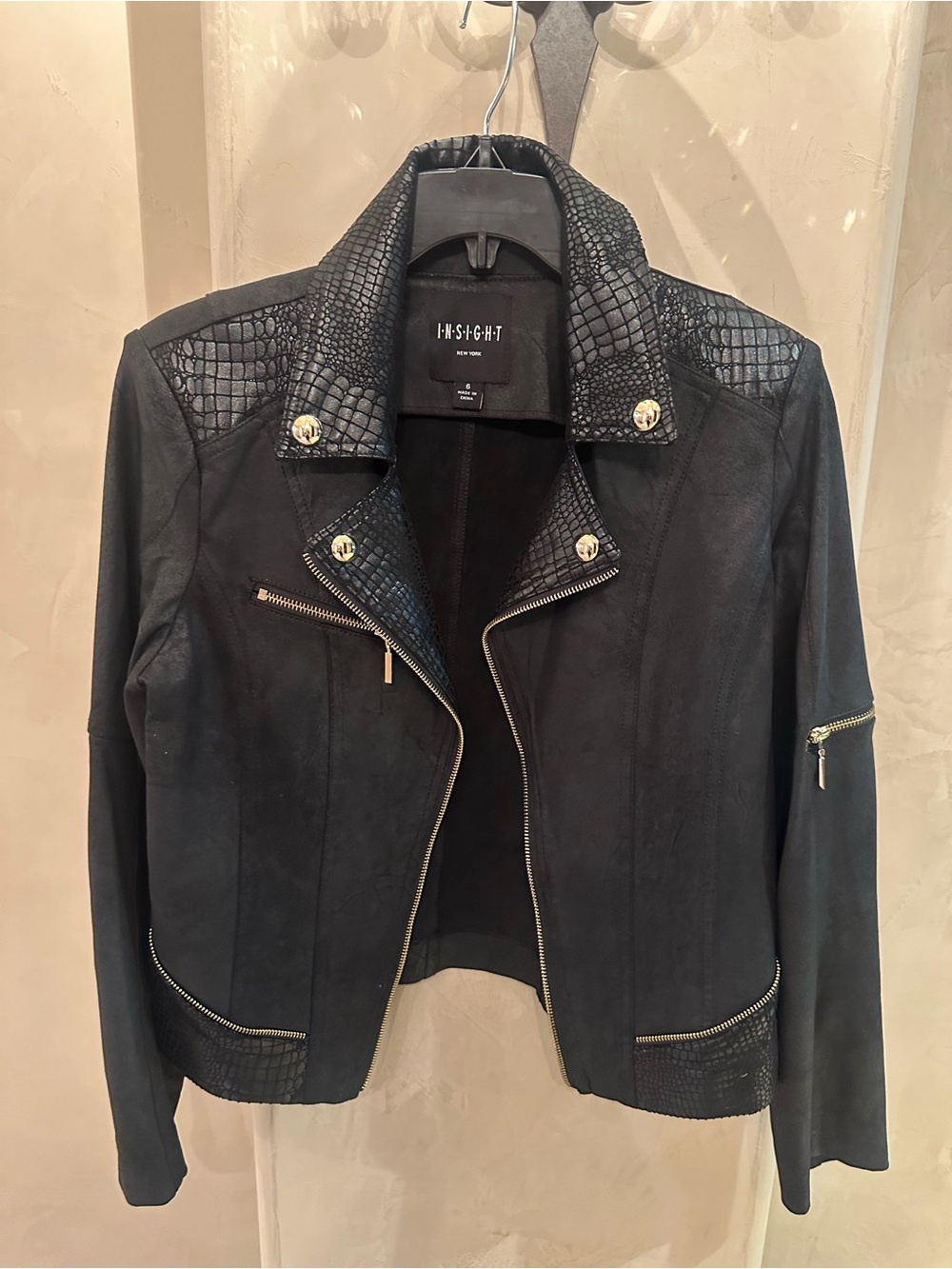Insight Black Faux-Suede Cropped Biker Jacket with Croc Trim